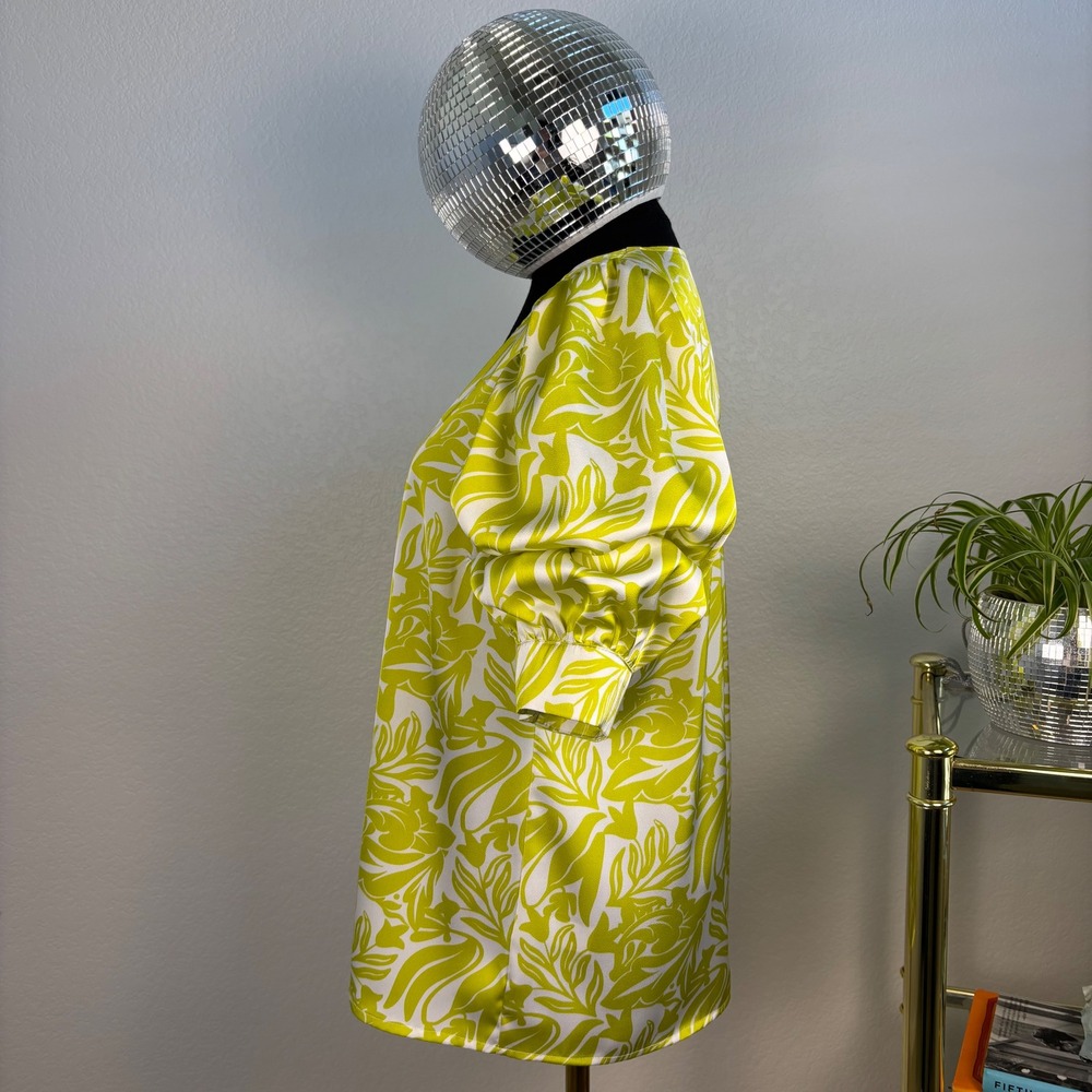 CeCe Yellow White Floral V-Neck Puff Sleeve Blouse - Picture 5 of 13